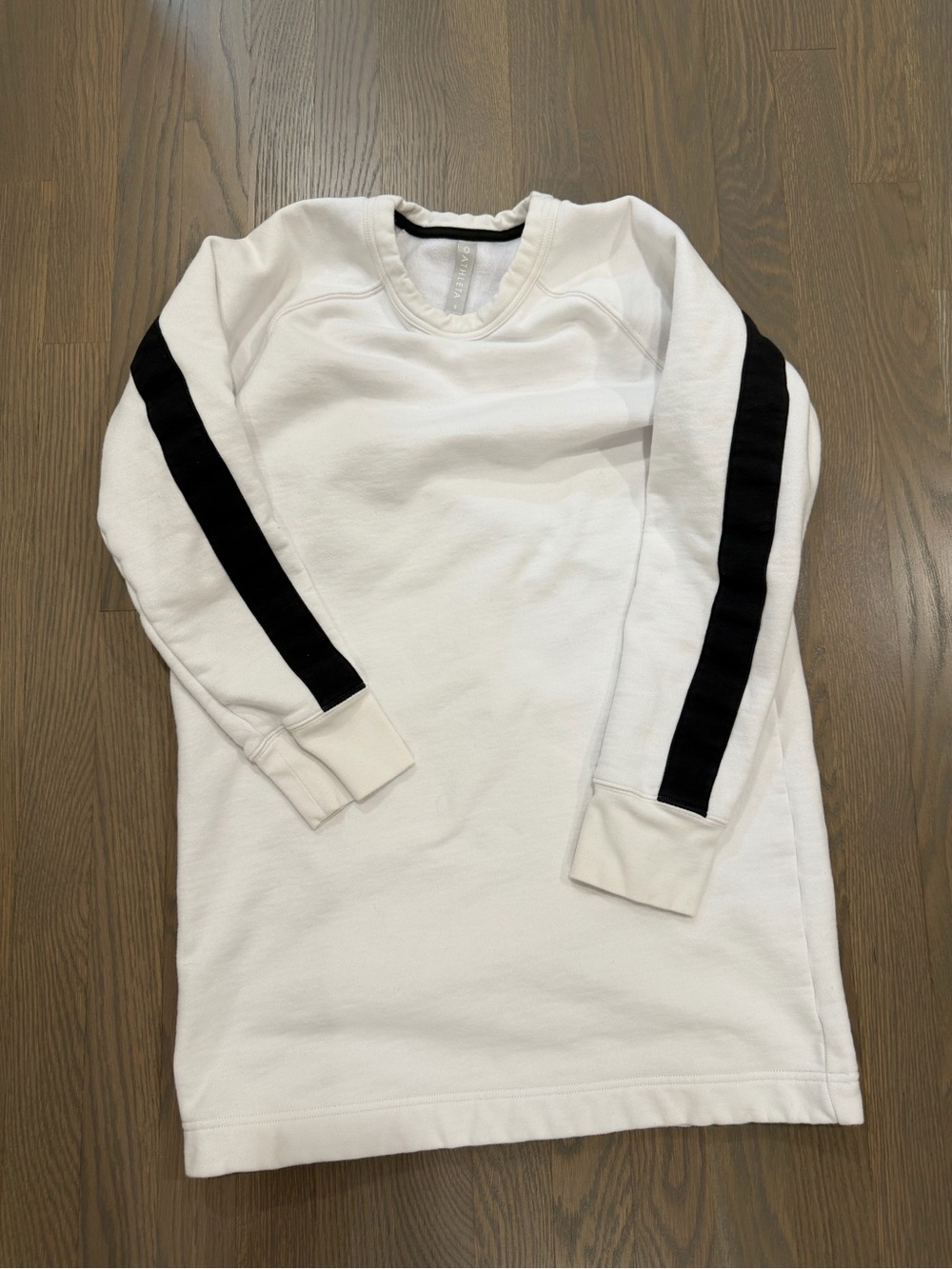 Athleta White Mini Dress with Black Sleeve Stripes